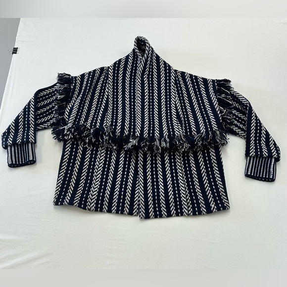 Burberry Prorsum Navy Fringed Jacquard Herringbone Blanket Jacket Size SMALL - Picture 1 of 4
